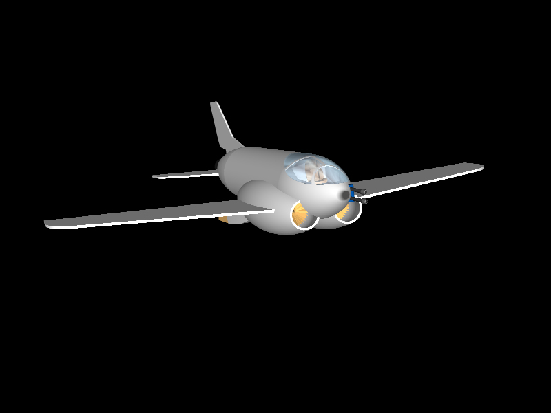 Gray airplane with twin engines, viewed from a 3/4 front angle against a black background