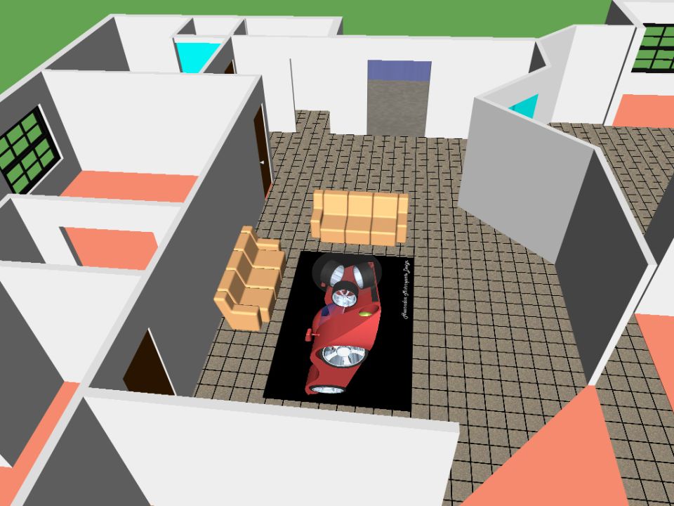 3D rendered overhead view of a building floor plan with a red car inside