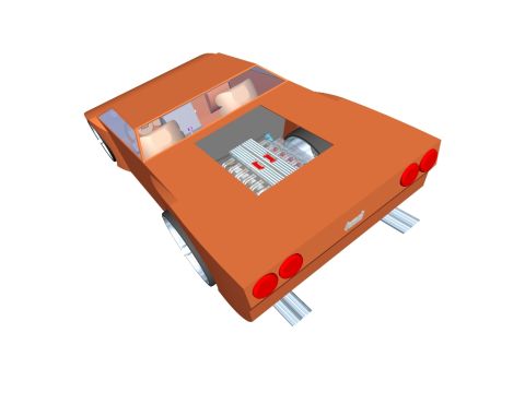 1994 Ford Probe - This digital rendering depicts an orange sports car with its engine compartment open, revealing a V8 engine and dual exhaust pipes.