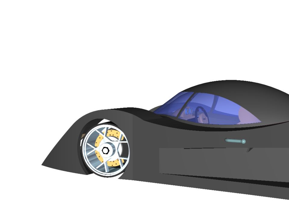 3D rendered dark concept car close-up showing front wheel and brake