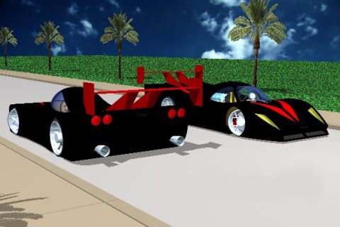 1994 Ford Probe - Two black race cars with prominent red spoilers and dual exhaust pipes are depicted in a digital scene.