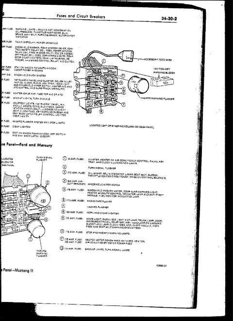 1978 Ford Mustang II - Shop-manual fuse panel and circuit breaker legend for Ford/Mercury and Mustang II, listing each fuse amperage and the warning lights, power…