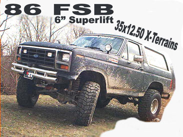 1986 Ford Bronco - 1986 Ford Bronco lifted with large tires, showing off its off-road capabilities.
