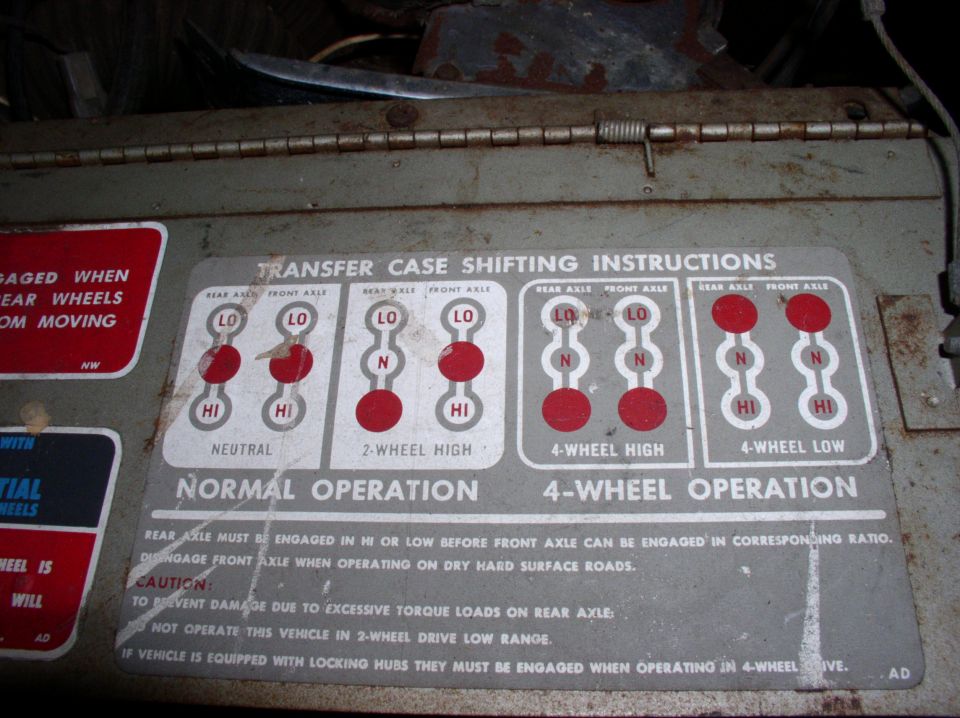 Metal transfer case shifting instructions plate with red diagrams for 2WD/4WD ranges