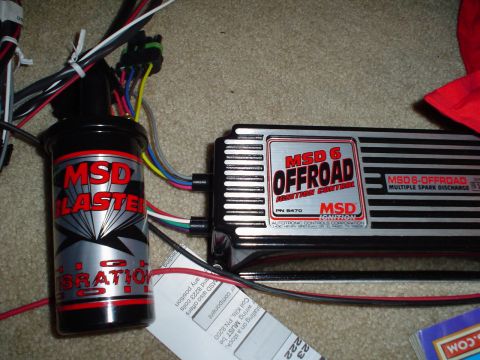 1984 Ford Bronco - Close-up of MSD ignition components, including a Blaster coil and an Offroad ignition control box.