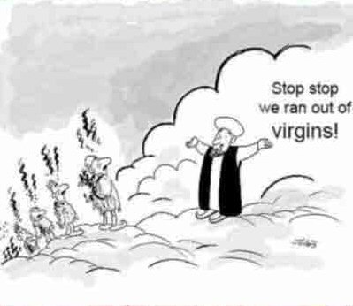 1985 Ford LTD Crown Victoria - A humorous cartoon depicts a scene in the clouds where a figure announces they have run out of virgins.