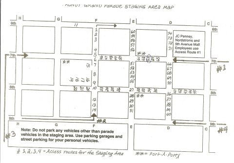2003 Jeep TJ - This map details the staging area for a parade, including numbered parking zones and access routes.