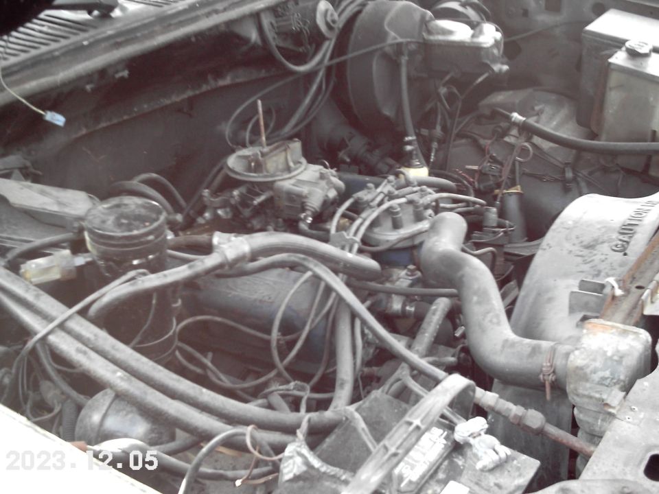 Engine bay with carburetor, hoses, and wiring visible