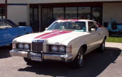 1972 Ford Ranchero - This 1972 Mercury Cougar XR-7 features distinctive red racing stripes over its white paint.