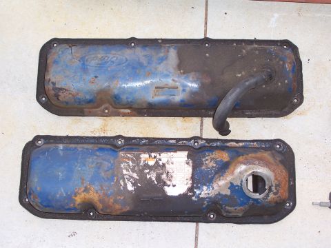 1978 Ford Bronco - Two blue Ford valve covers are shown, one with a hose and the other with a label. The registry claims they are from a 1978 Ford Bronco.