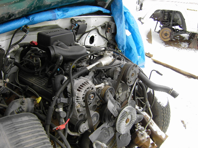 Vortec V8 engine installed in white truck engine bay, blue tarp over fender, snowy yard