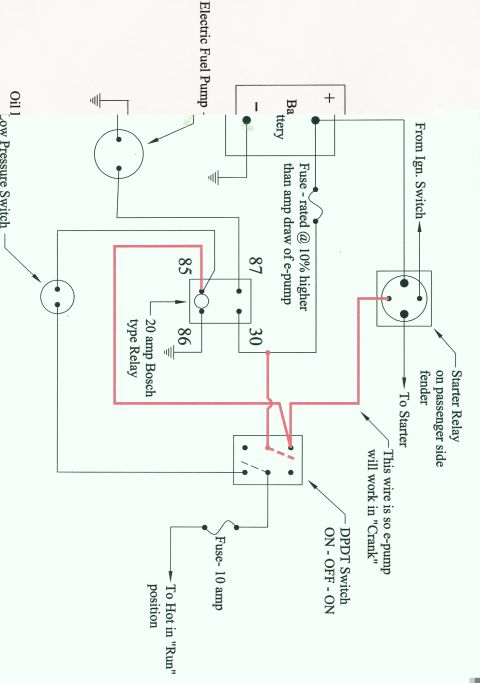 1992 Ford Bronco - Hand-drawn wiring diagram showing an electric fuel pump wired through a Bosch relay, DPDT switch, fuse and starter relay with color-coded l…