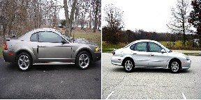 1998 Ford Taurus - Two cars are shown side-by-side, a silver sedan and a grey coupe.