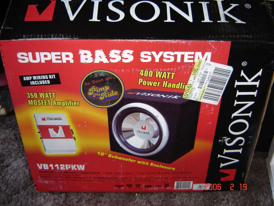 Box for Visonik Super Bass System, showing a 12" subwoofer and 350 Watt MOSFET amplifier