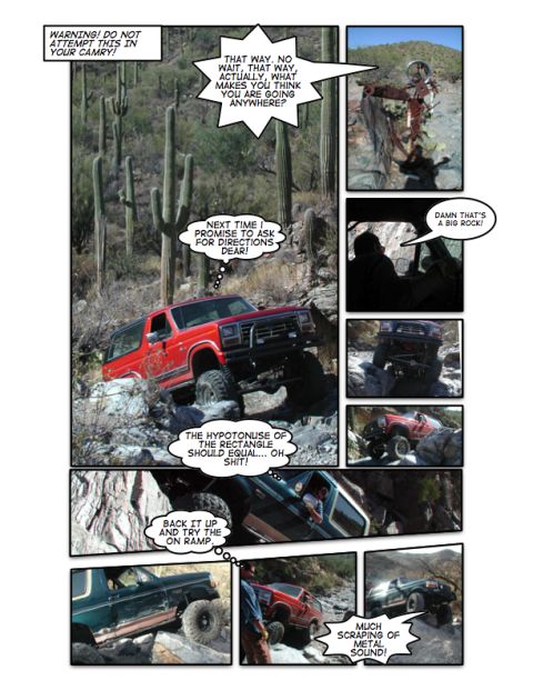 1994 Ford Bronco - Off-road vehicles tackle a challenging rocky terrain in a comic strip format.