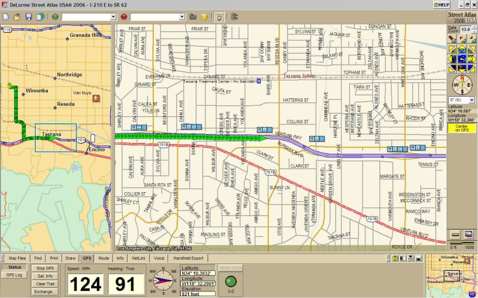 GPS screen displaying map with route, speed 124, heading 91
