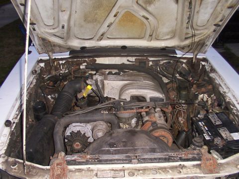 1988 Ford Mustang - The engine bay of a 1988 Ford Mustang shows its V8 engine, alternator, and battery, with signs of rust.