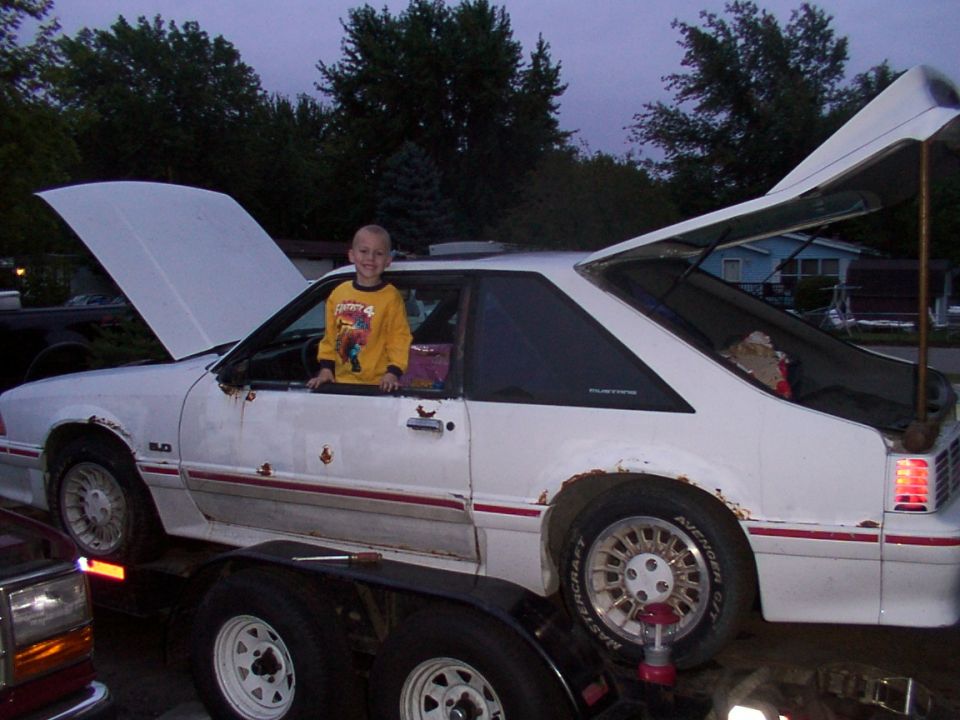1988 Ford Mustang on trailer, hood and trunk open, child in driver's seat
