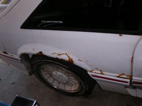1988 Ford Mustang - This 1988 Ford Mustang shows significant rust on its rear quarter panel and lower body trim.