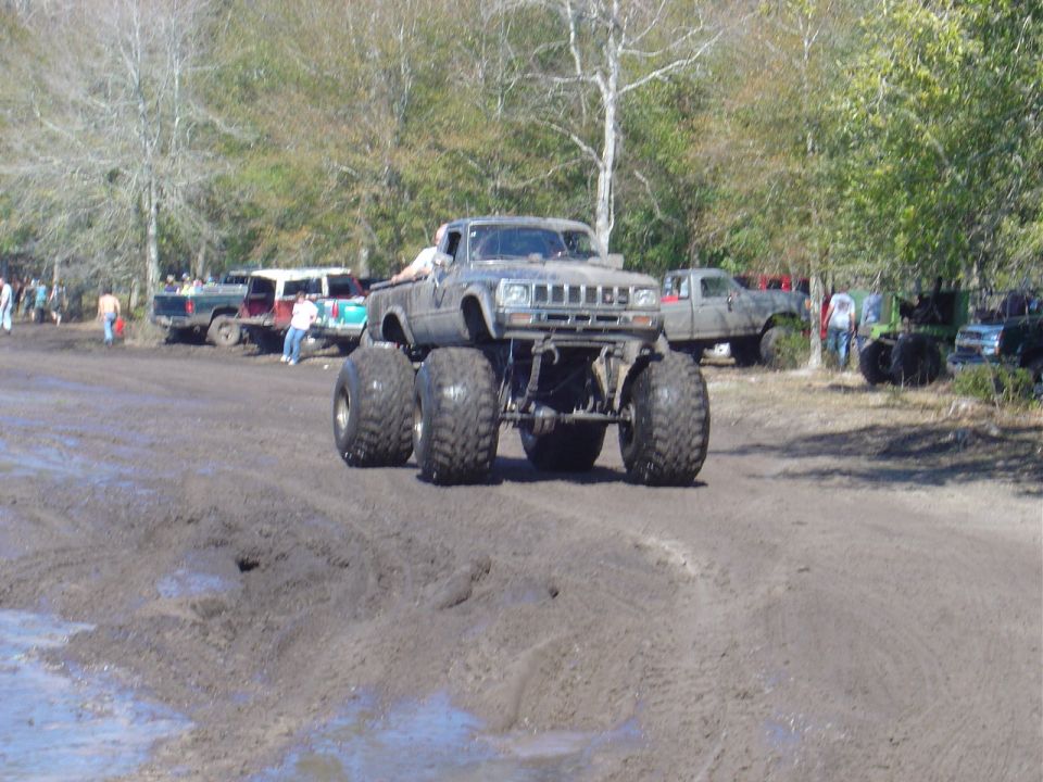 Monster truck with large tires and lifted suspension, front view. Gray body, modified grille