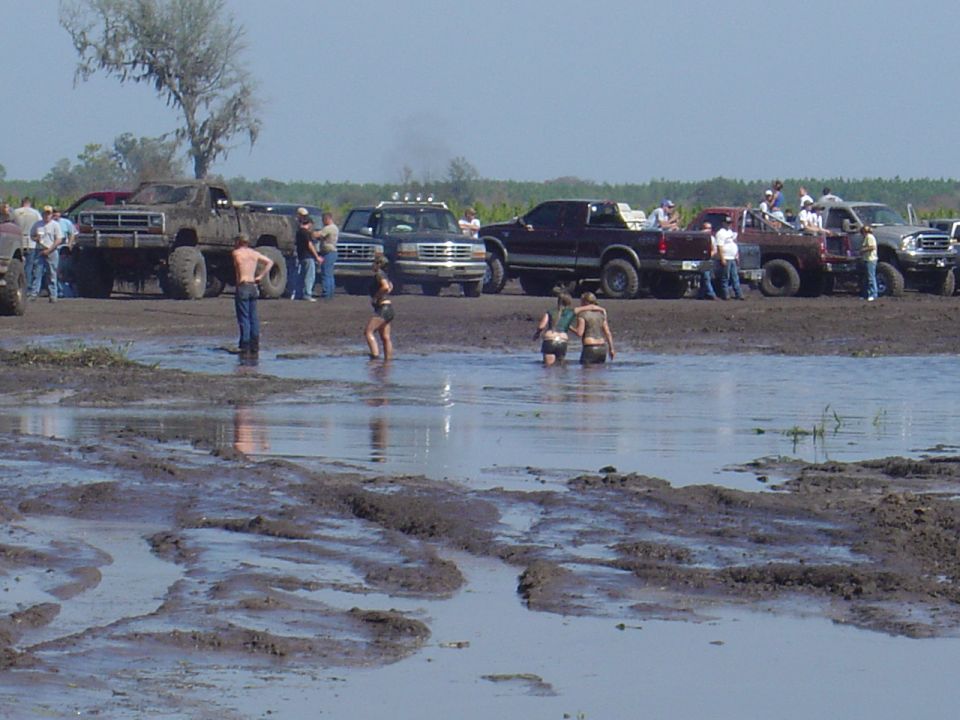 Muddy field with several trucks and people wading in the water