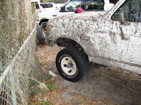 1989 Ford Bronco - Two Ford trucks covered in mud, parked close together near a fence and tree.