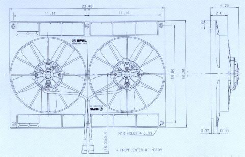1966 Ford Fairlane - Technical diagram displays dimensions for dual cooling fans, indicating SPAL as the manufacturer.