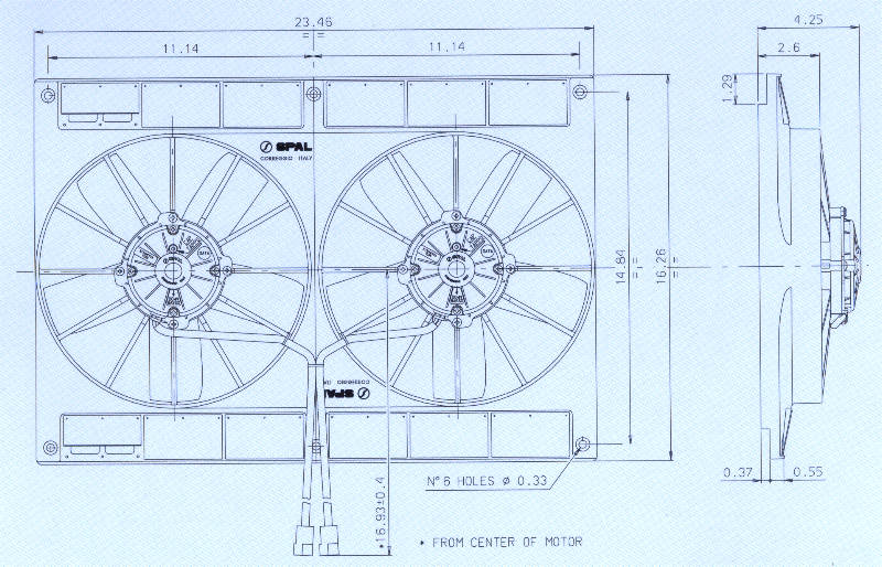 Dimensioned engineering drawing of a SPAL dual electric cooling fan assembly