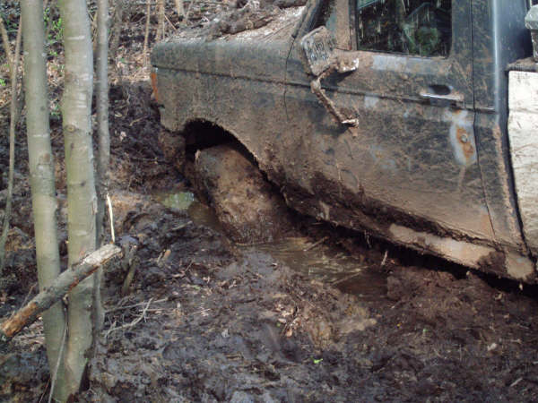 Mud-covered dark pickup stuck axle-deep in a muddy hole in the woods, passenger side view