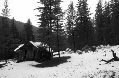1996 Ford Bronco - An old, weathered cabin sits in a snow-covered forest, appearing long abandoned.