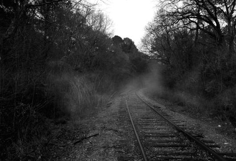 1996 Ford Bronco - Railroad tracks disappear into a misty, wooded landscape.
