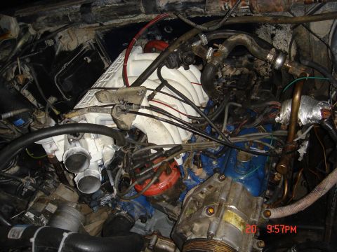 1991 Ford Bronco - Close-up view of a vehicle's engine bay, showing the intake manifold, distributor, and wiring.