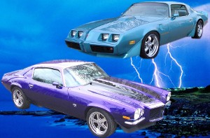 1979 Pontiac Trans Am - Two classic Pontiac Firebirds are shown flying through a stormy sky with lightning strikes in the background.