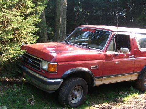 1989 Ford Bronco - This red 1989 Ford Bronco is parked in a wooded area, showing its 3/4 front view.