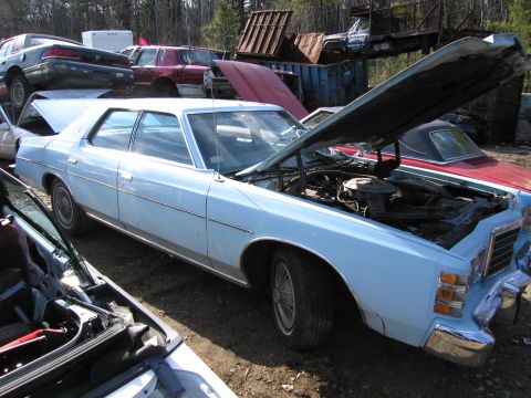 1991 Ford LTD Crown Victoria - light blue full-size four-door sedan with hood open, sitting in a salvage yard surrounded by other wrecked cars.