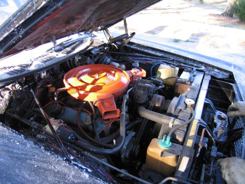 1991 Ford LTD Crown Victoria - Engine bay of an older car showing a V8 with an orange-painted air cleaner and yellow fluid reservoir under a propped-open hood.