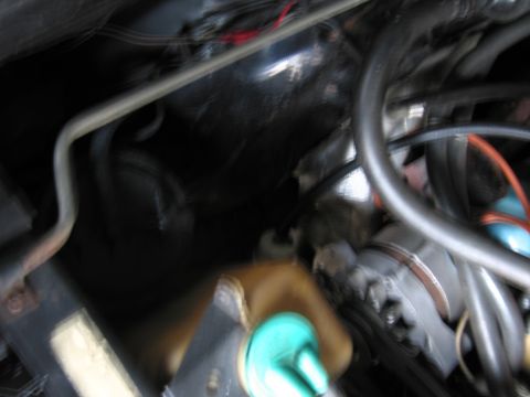1991 Ford LTD Crown Victoria - close, slightly blurred view inside an engine bay showing curving rubber hoses, an alternator pulley and a teal-capped fluid reservoir.