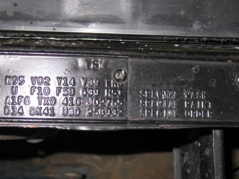 1991 Ford LTD Crown Victoria - clearly stamped metal fender tag reading option codes like N95 V02 Y14 along with SPECIAL MASK, SPECIAL PAINT and SPECIAL ORDER.