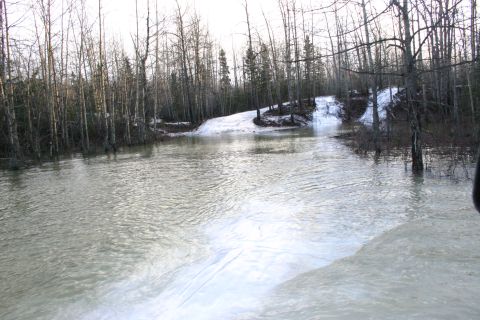 2003 Jeep TJ - Flooded forest road with snow patches and bare trees visible.
