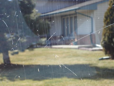 2000 Ford Crown Victoria - The windshield is covered in scratches, obscuring the view of the house and yard beyond.