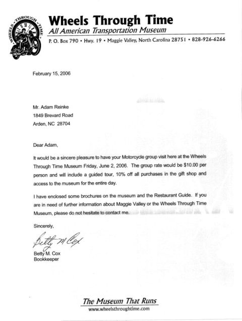 1985 Ford LTD Crown Victoria - Typed business letter from the Wheels Through Time museum, not a technical document.