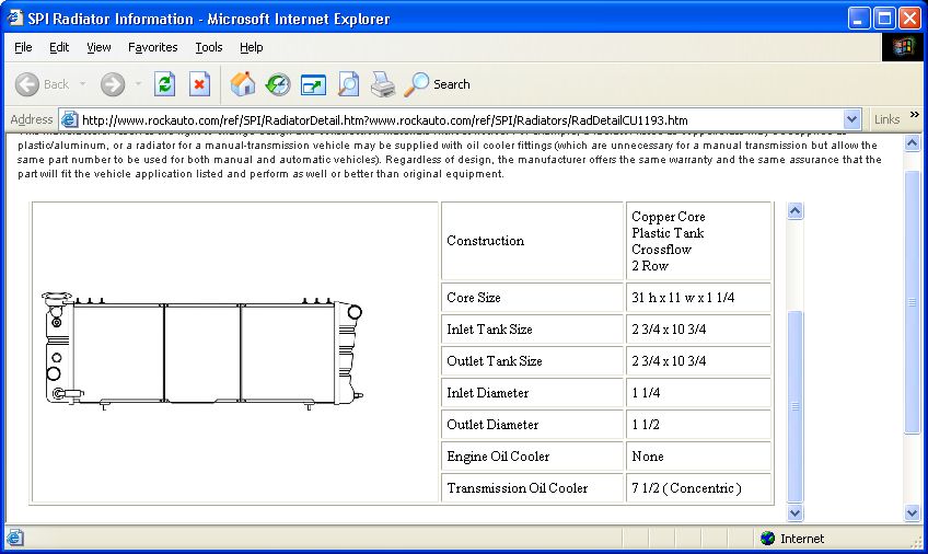 Browser screenshot of a RockAuto radiator detail page with spec table and drawing