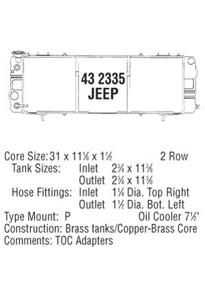 1995 Jeep YJ - Diagram of a Jeep radiator, part number 43 2335, with detailed core, tank, and hose fitting dimensions.