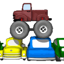 1993 Ford C-350 (Centurion Conversions) - A whimsical arrangement of toy vehicles, with a truck perched atop a line of cars.