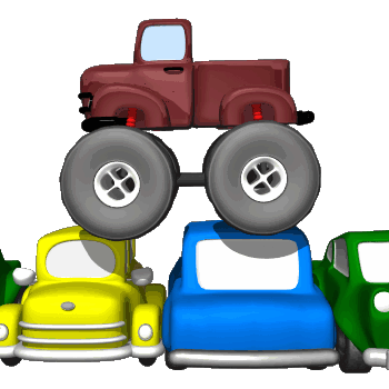 1993 Ford C-350 (Centurion Conversions) - A collection of toy trucks are stacked on top of each other, with a red truck perched precariously on a yellow and blue truck.