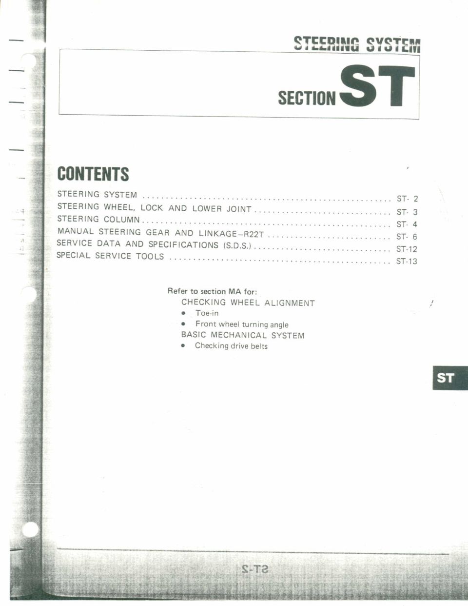 Service manual contents page for Steering System Section ST