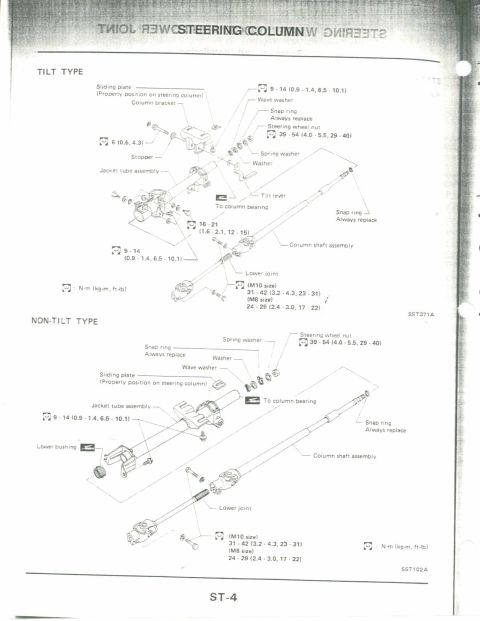 1990 Nissan Micra - This diagram illustrates the components of steering columns, detailing both tilt and non-tilt types.