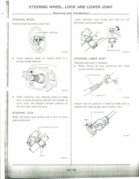 1990 Nissan Micra - Diagram detailing the removal and installation process for a vehicle's steering wheel, lock, and lower joint.