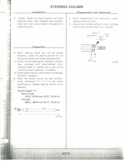 1990 Nissan Micra - This document details the installation and disassembly procedures for a steering column, including diagrams and specifications.