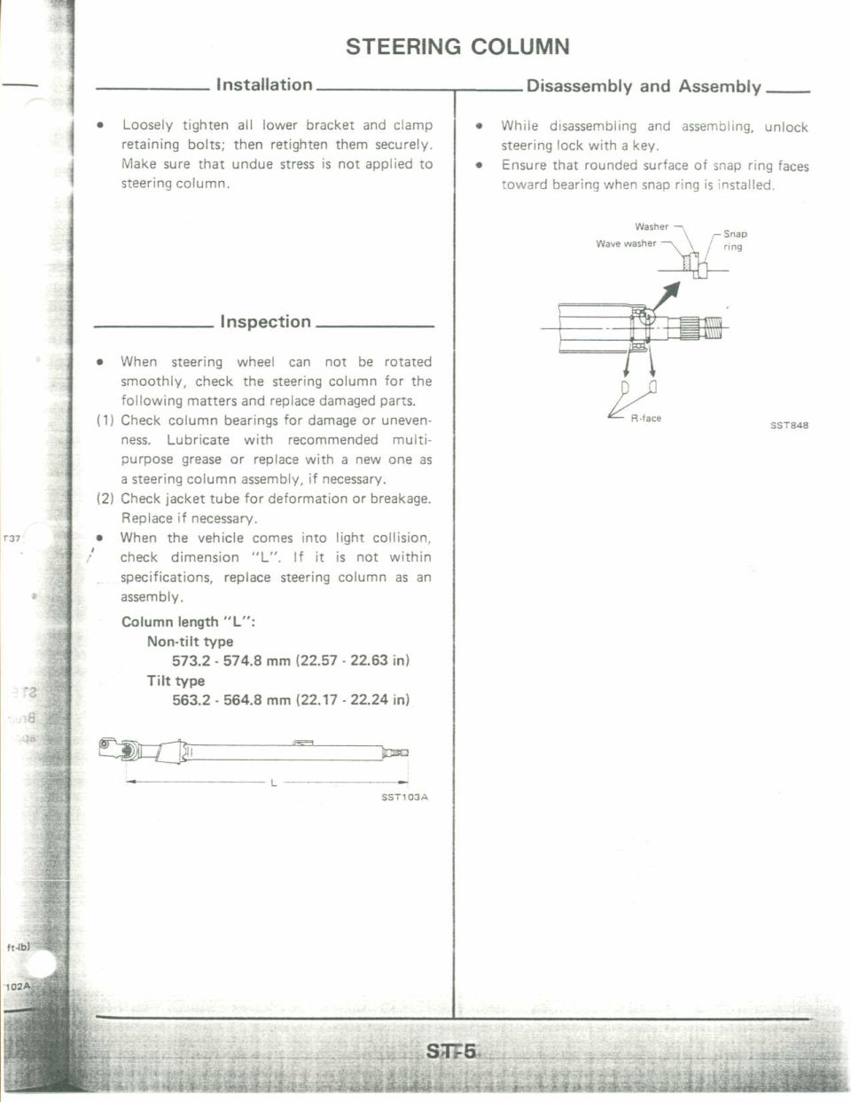 Service manual page ST-5 covering steering column installation, inspection and length specifications